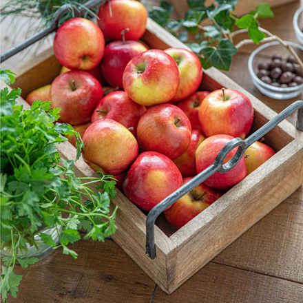 Les pommes de l'automne dans un cageot en bois