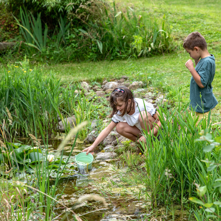Des enfants qui jouent dans une mare au jardin
