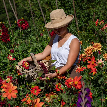 Une femme dans un jardin de fleurs