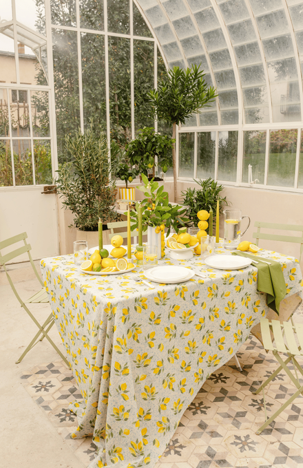 Dans une véranda une jolie table dressée avec de la déco de couleur aux motifs agrumes et citrons jaunes