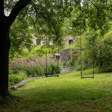 Des balançoires dans un jardin accroché à un arbre