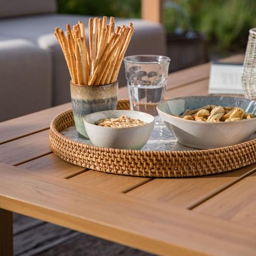 Visuel 6 du produit Salon de jardin en aluminium effet bois et coton coloris gris Cannes - 4 éléments (canapé, table basse et deux fauteuils)