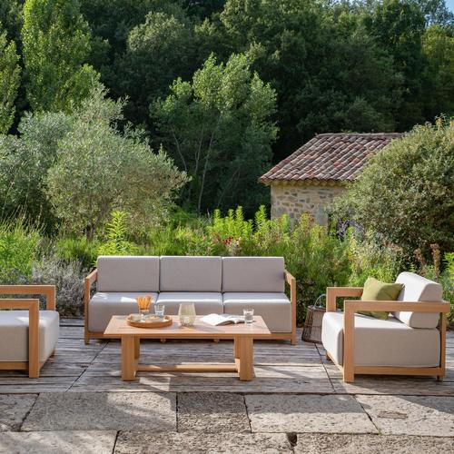 Visuel 8 du produit Salon de jardin en aluminium effet bois et coton coloris gris Cannes - 4 éléments (canapé, table basse et deux fauteuils)