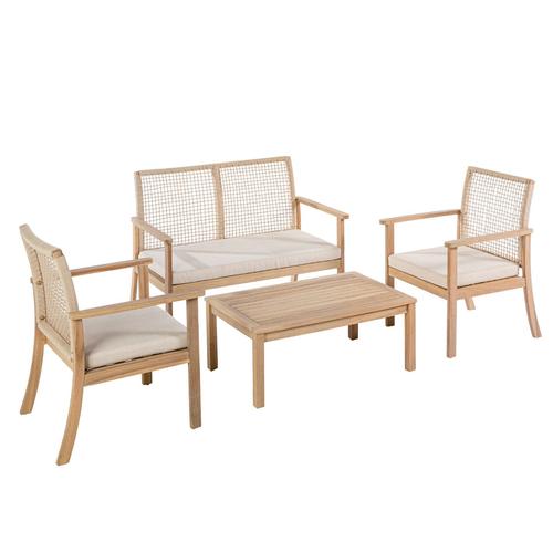 Visuel 1 du produit Salon de jardin en bois et corde coloris beige Séquoïa - 4 éléments (canapé, table basse et deux fauteuils)