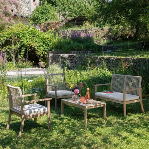 Visuel 6 du produit Salon de jardin en bois et corde coloris beige Séquoïa - 4 éléments (canapé, table basse et deux fauteuils)