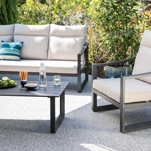 Visuel 6 du produit Salon de jardin dossier haut en aluminium coloris anthracite Hoya - 4 éléments (canapé, table basse et deux fauteuils)