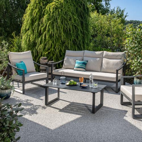 Visuel 7 du produit Salon de jardin dossier haut en aluminium coloris anthracite Hoya - 4 éléments (canapé, table basse et deux fauteuils)
