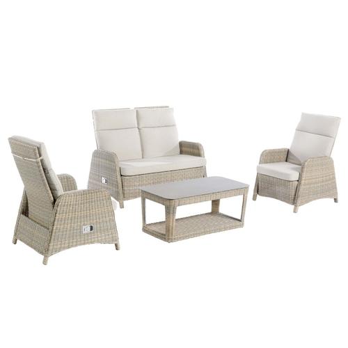 Visuel 1 du produit Salon de jardin en résine coloris beige Vérando - 4 éléments (canapé, table basse et deux fauteuils)