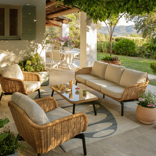 Visuel 2 du produit Tapis d'extérieur en polypropylène recyclé noir et beige Ovalie