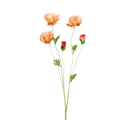 Visuel 1 du produit Branche de pavot artificiel pêche à 3 fleurs et 2 boutons - 65 cm