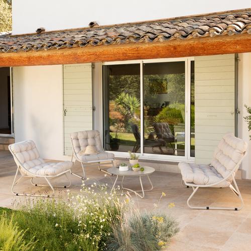 Visuel 9 du produit Salon de jardin en acier coloris beige Iris - 4 éléments (canapé, table basse et deux fauteuils)