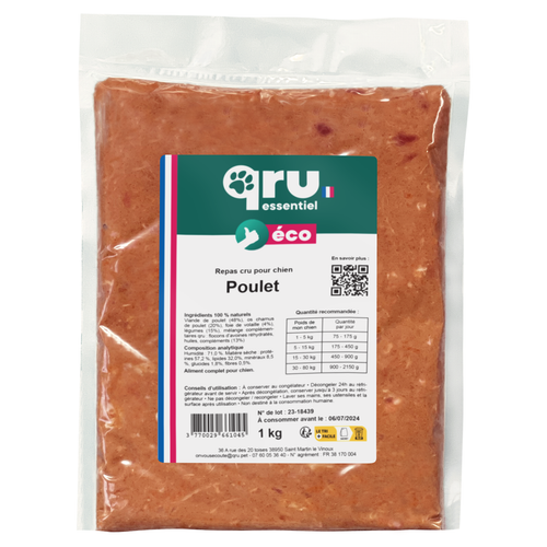 Visuel 1 du produit Aliment cru pour chien repas poulet Qru Essentiel congelé - 1 kg