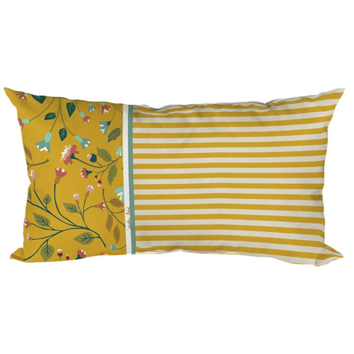 Visuel 1 du produit Coussin déco en polyester/coton rayé et fleuri coloris cumin Victorine - 50 x 30 x 15 cm