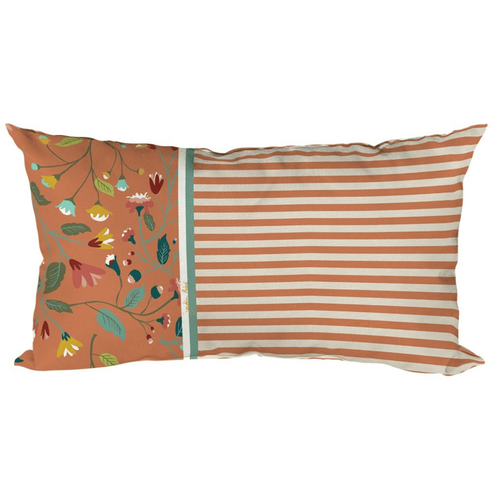 Visuel 1 du produit Coussin déco en polyester/coton rayé et fleuri coloris terra Victorine - 50 x 30 x 15 cm