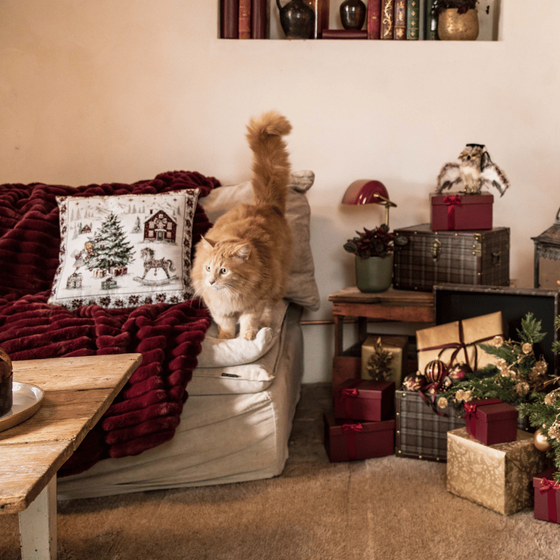 Un salon de Noël avec un chat roux sur le canapé