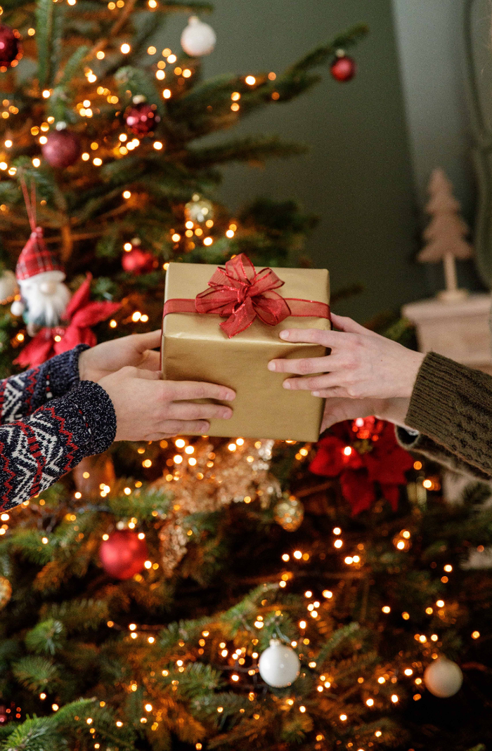 Un échange de cadeau le matin de noël devant le sapin