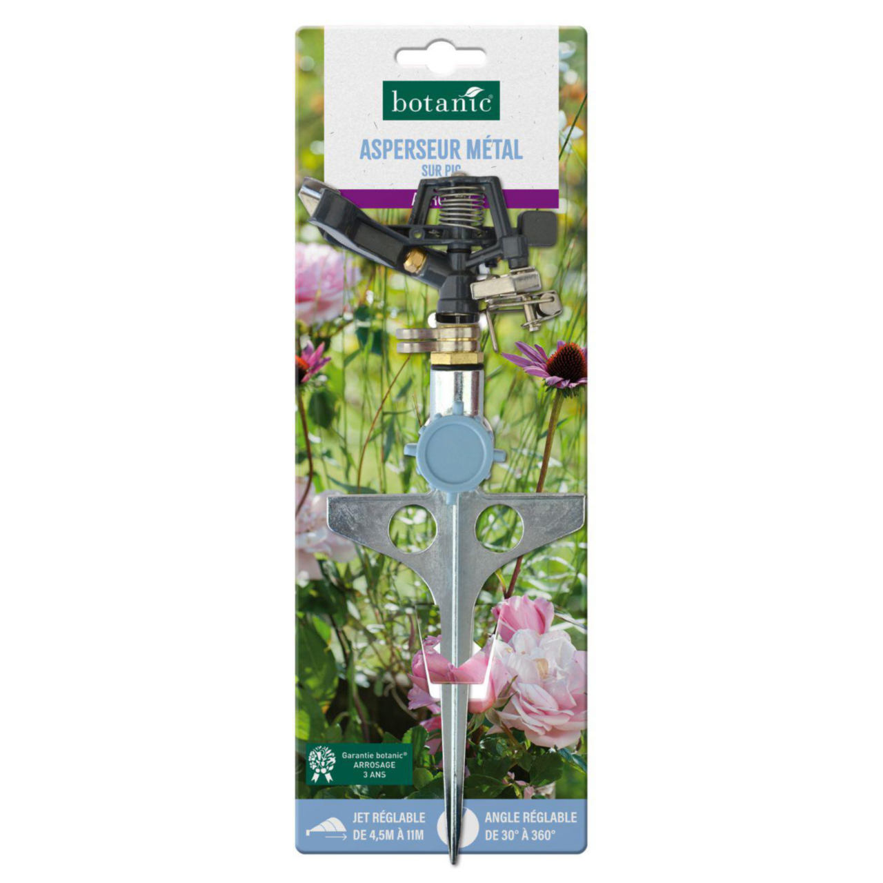 Asperseur Métal sur Pic avec AppuiPied Jardibric Réglage Angle 30° à 360° Couvre jusqu'à 254m² Portée Réglable de 9m à 10m pour un Arrosage Uniforme