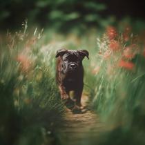 Chien qui court dans l'herbe
