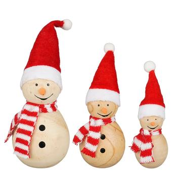 Visuel 1 du produit Bonhomme de neige décoratif en bois avec bonnet rouge et écharpe rayée petit modèle - Ø 4 x H 10 cm