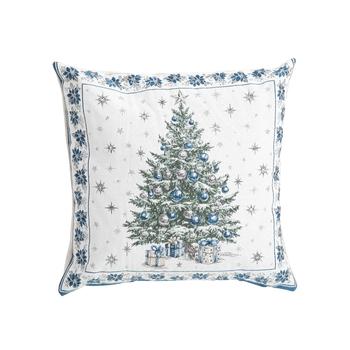 Visuel 1 du produit Coussin en coton et polyéthylène blanc avec sapin de Noël et bordure bleue Chorale-A - 45 x 45 cm