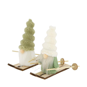 Visuel 1 du produit Figurine gnome en tissu vert sur ski en bois de pin - 15 x 4 x 13 cm