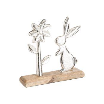 Visuel 1 du produit Objet décoratif lapin et fleur en aluminium argenté sur socle en bois - 18 x 5 x 17 cm