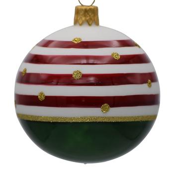 Visuel 1 du produit Boule de Noël en verre à rayures bordeaux, blanc, vert et or - Ø 7 cm