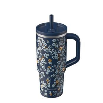 Visuel 1 du produit Travel cup isotherme en inox à motifs fleurs bleu nuit avec bouchon étanche Qwetch - 900 ml