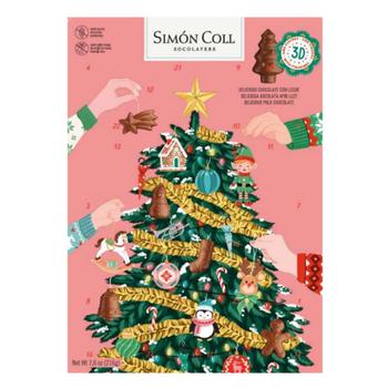 Visuel 1 du produit Calendrier de l’Avent illustration sapin sur fond rose garni de figurines en chocolat Simon Coll - 216 g