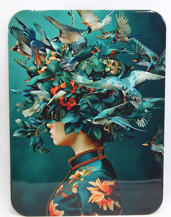 Visuel 1 du produit Tableau en métal vert/bleu La Dame aux oiseaux - 30 x 40 cm