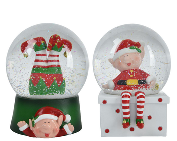 Visuel 1 du produit Boule à neige en résine verte et rouge avec elfe - 10,5 x 10,5 x 13,5 cm