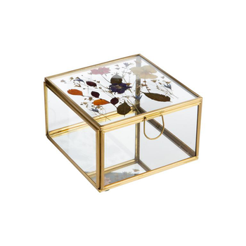Visuel 1 du produit Boîte carrée en verre et métal doré avec décor fleurs séchées grand modèle - 13 x 13 x 8 cm