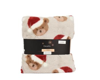 Visuel 1 du produit Plaid en polyester rouge et blanc motif ourson de Noël - 170 x 130 cm