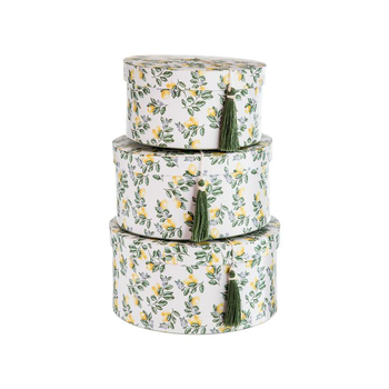 Visuel 1 du produit Boîtes rondes en papier à décor citron jaune et vert et couvercle à pompon - les 3 boîtes