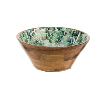 Visuel 1 du produit Saladier rond décoré feuilles coloris bleu en manguier émaillé - 30 x 30 x 13 cm
