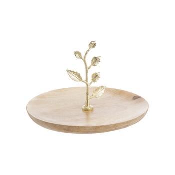 Visuel 1 du produit Plateau rond en bois de manguier naturel à décor feuille en aluminium doré - Ø 25 x H 16 cm