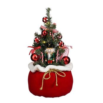 Visuel 1 du produit Sapin de Noël vert avec casse-noisette et boules à 10 LED à pile et habillage en polyester rouge - Ø 22 x H 50 cm
