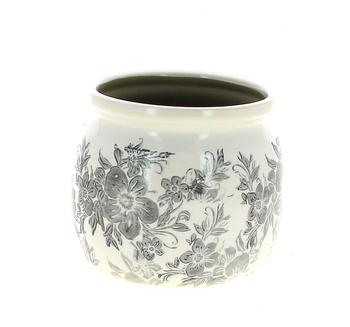 Visuel 1 du produit Cache-pot en céramique beige à décor floral gris - Ø 16 x H 13 cm