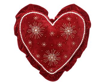 Visuel 1 du produit Coussin forme cœur en coton bordeaux avec perles et volant - 40 x 35 cm