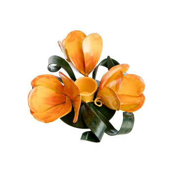 Visuel 1 du produit Bougeoir en métal vert à 3 fleurs jaunes - 15 x 13 x 7 cm