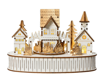 Visuel 1 du produit Décor lumineux ovale en bois à poser 5 LED blanc chaud avec paysage et village blanc Kaemingk - 12 x H 15,5 cm