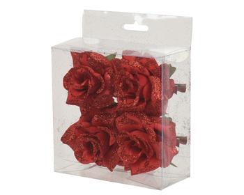 Visuel 1 du produit Ensemble de 4 roses brillantes sur clip en polyester rouge - Ø 8 x H 4,5 cm