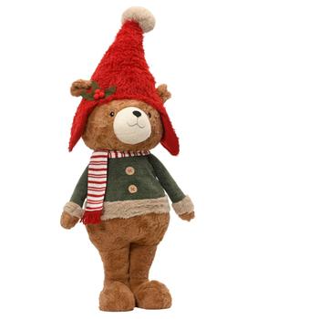 Visuel 1 du produit Peluche décorative de Noël ours debout avec bonnet en polyester coloris marron - grand modèle L 38 x L 25 x H 95 cm