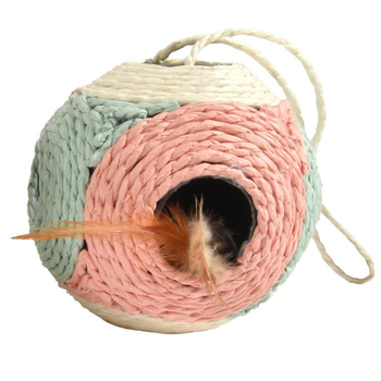 Visuel 1 du produit Griffoir rond en corde rose avec plumes naturelles Bobby Griffoir Facette - Ø 10 cm