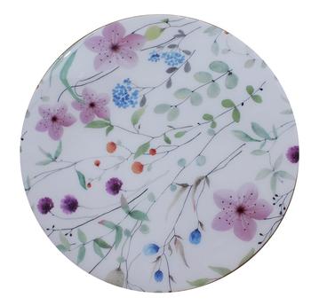 Visuel 1 du produit Assiette sur pied en bois de manguier émaillé blanc à décor cerisier rose, bleu et vert)- 25 x 25 x 10 cm