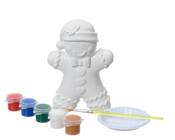 Visuel 1 du produit Bonhomme de pain d'épices en plâtre à peindre et 5 pots de peinture - 8,2 x 19 x 19,5 cm