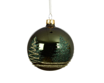 Visuel 1 du produit Boule en verre brillant vert pin avec décor sapin - Ø 8 cm