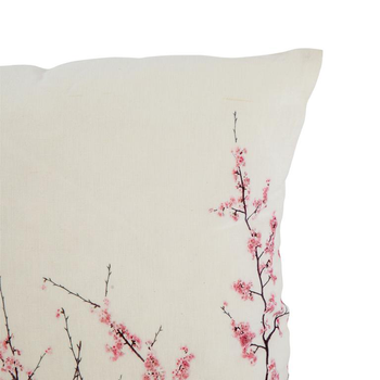 Visuel 1 du produit Coussin en coton et lin crème à motifs branches de cerisier rose - 45 x 45 cm