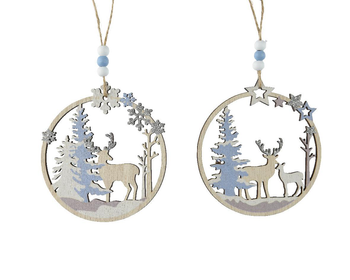 Visuel 1 du produit Décoration à suspendre ronde avec renne et sapin blanc et bleu - 11 x 0,5 x 12 cm