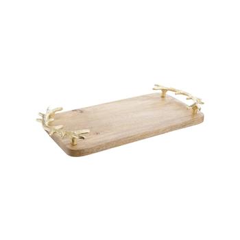Visuel 1 du produit Plateau en bois de manguier naturel à poignées branches en aluminium doré - 38 x 20 x 4 cm